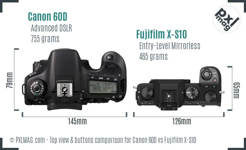 Canon 60D vs Fujifilm X-S10 top view buttons comparison
