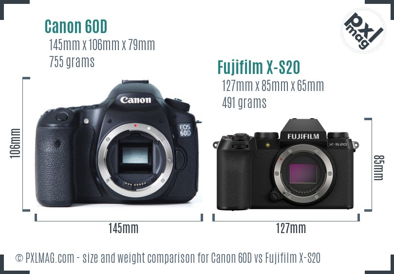 Canon 60D vs Fujifilm X-S20 size comparison
