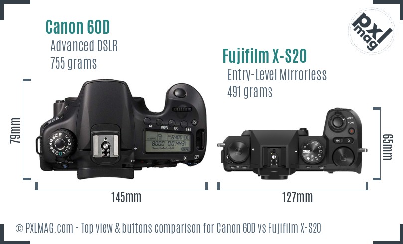 Canon 60D vs Fujifilm X-S20 top view buttons comparison