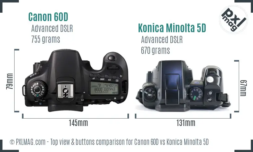 Canon 60D vs Konica Minolta 5D top view buttons comparison
