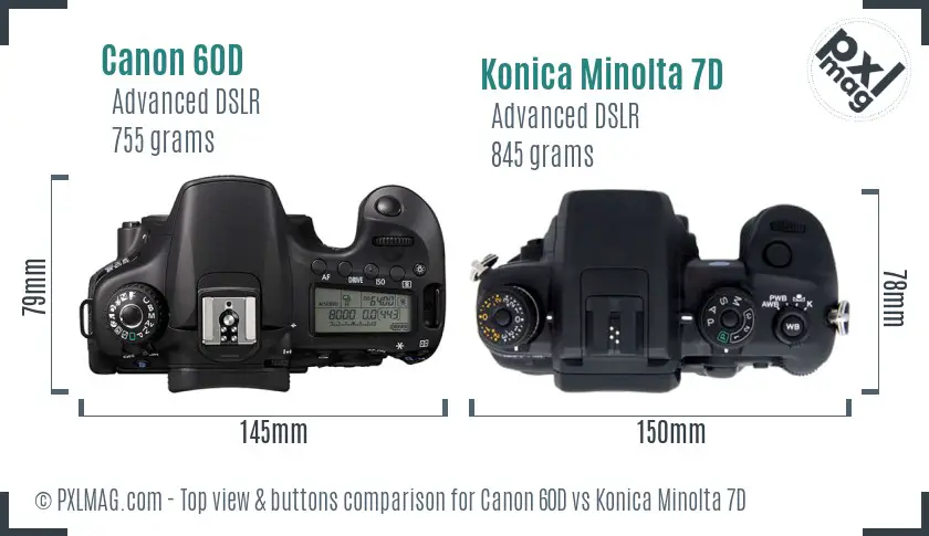 Canon 60D vs Konica Minolta 7D top view buttons comparison