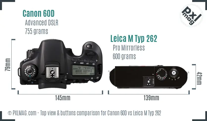 Canon 60D vs Leica M Typ 262 top view buttons comparison