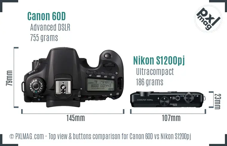Canon 60D vs Nikon S1200pj top view buttons comparison