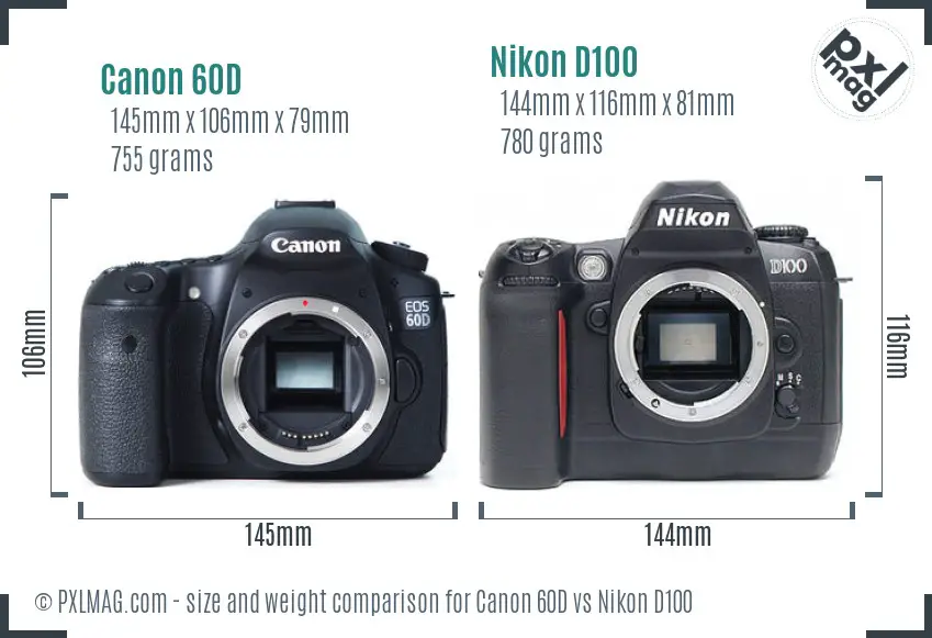 Canon 60D vs Nikon D100 size comparison