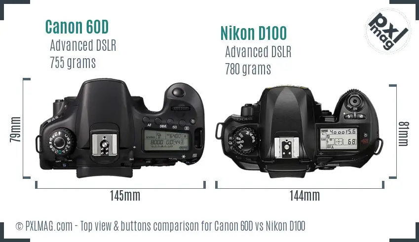 Canon 60D vs Nikon D100 top view buttons comparison
