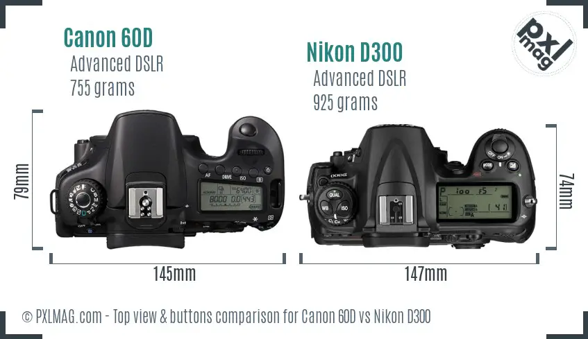 Canon 60D vs Nikon D300 top view buttons comparison
