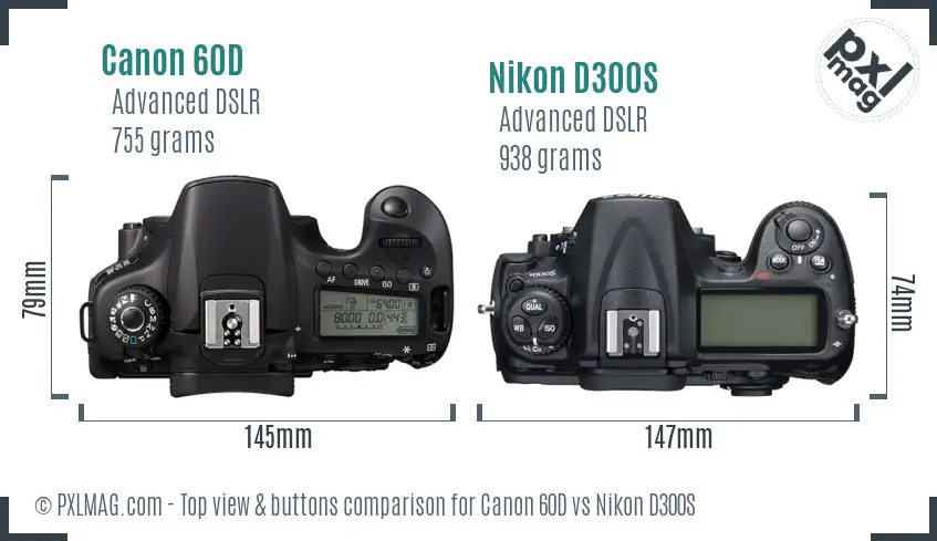 Canon 60D vs Nikon D300S top view buttons comparison