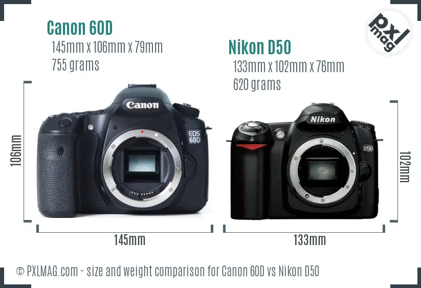 Canon 60D vs Nikon D50 size comparison