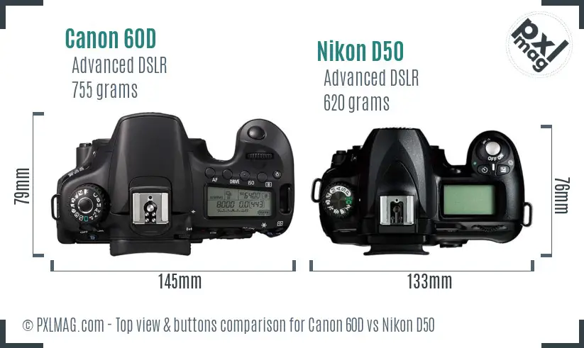 Canon 60D vs Nikon D50 top view buttons comparison