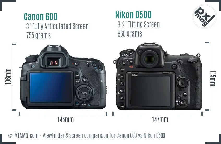 Canon 60D vs Nikon D500 Screen and Viewfinder comparison