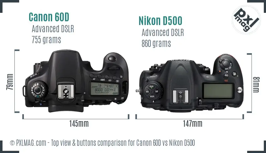 Canon 60D vs Nikon D500 top view buttons comparison
