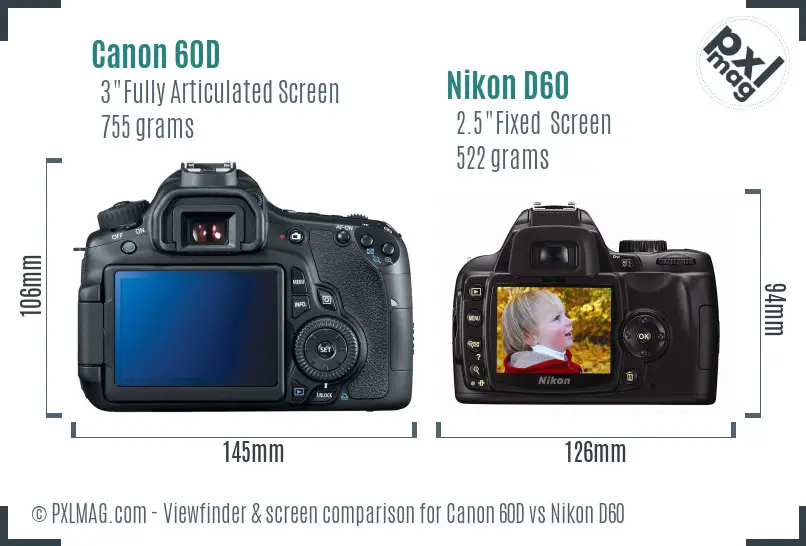 Canon 60D vs Nikon D60 Screen and Viewfinder comparison