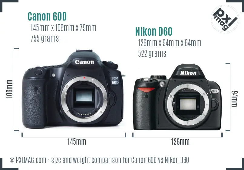 Canon 60D vs Nikon D60 size comparison