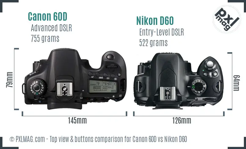 Canon 60D vs Nikon D60 top view buttons comparison