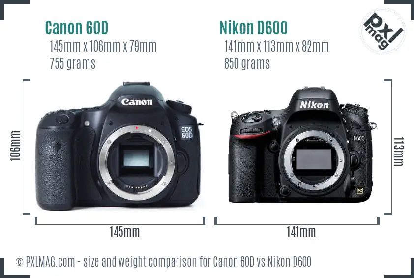 Canon 60D vs Nikon D600 size comparison