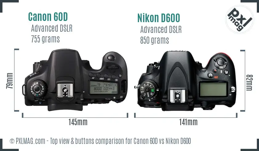 Canon 60D vs Nikon D600 top view buttons comparison