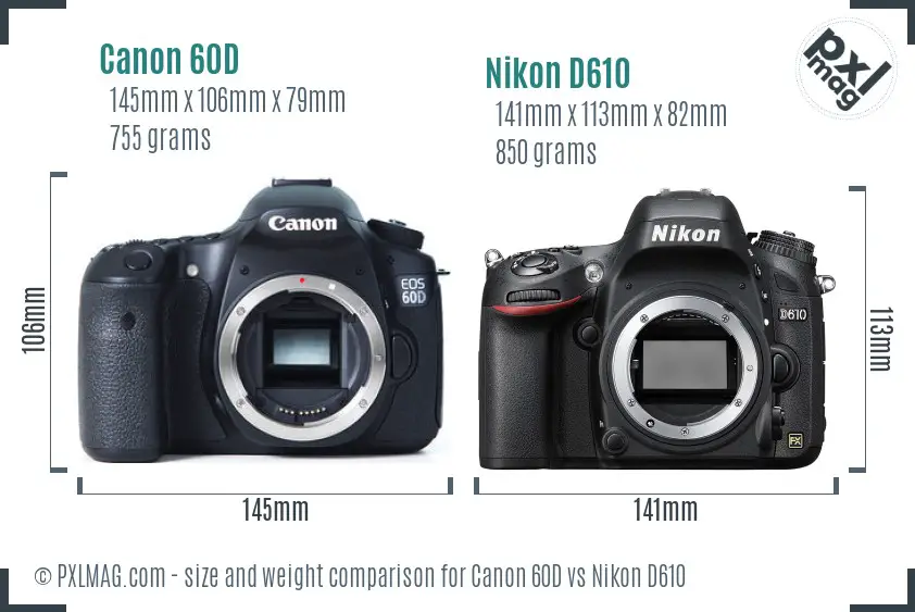 Canon 60D vs Nikon D610 size comparison
