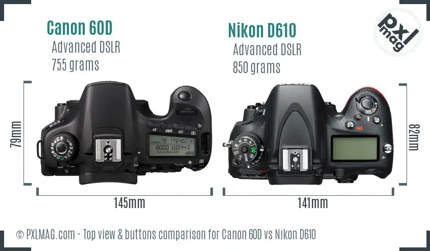 Canon 60D vs Nikon D610 top view buttons comparison