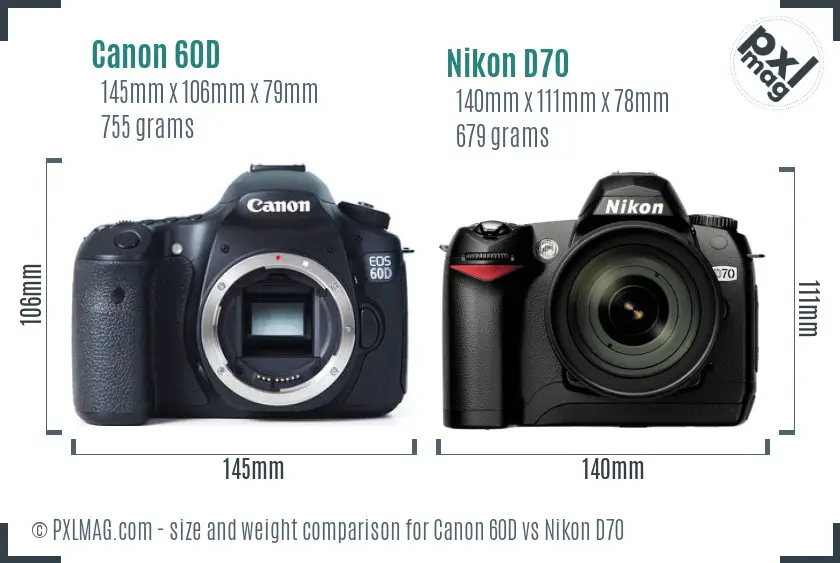 Canon 60D vs Nikon D70 size comparison