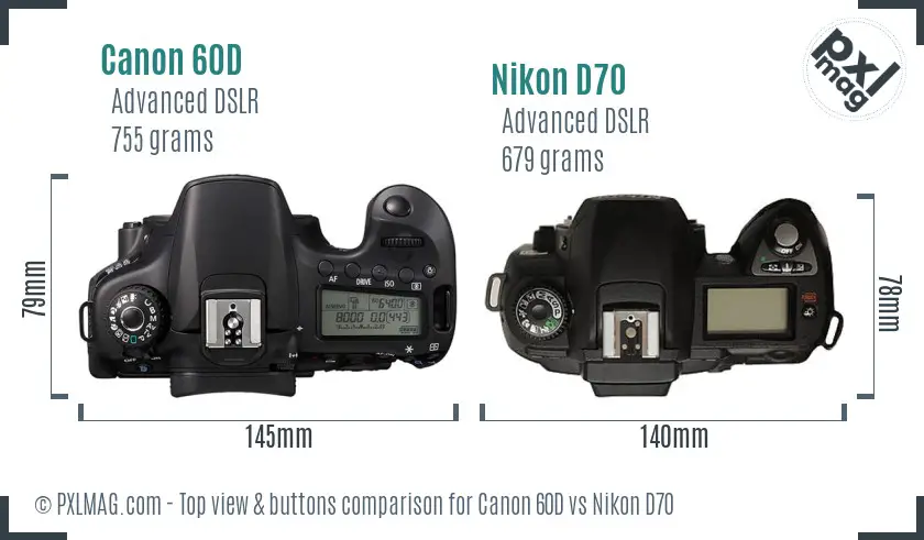 Canon 60D vs Nikon D70 top view buttons comparison