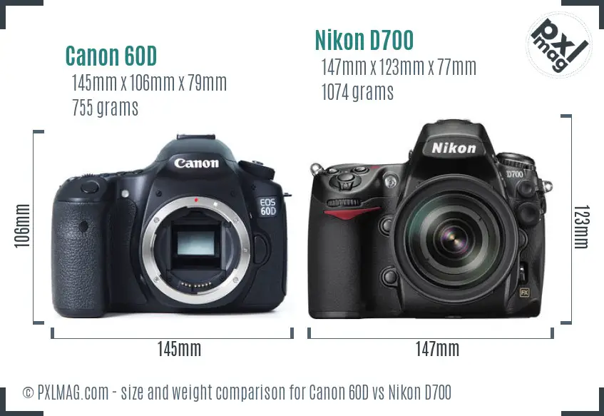Canon 60D vs Nikon D700 size comparison