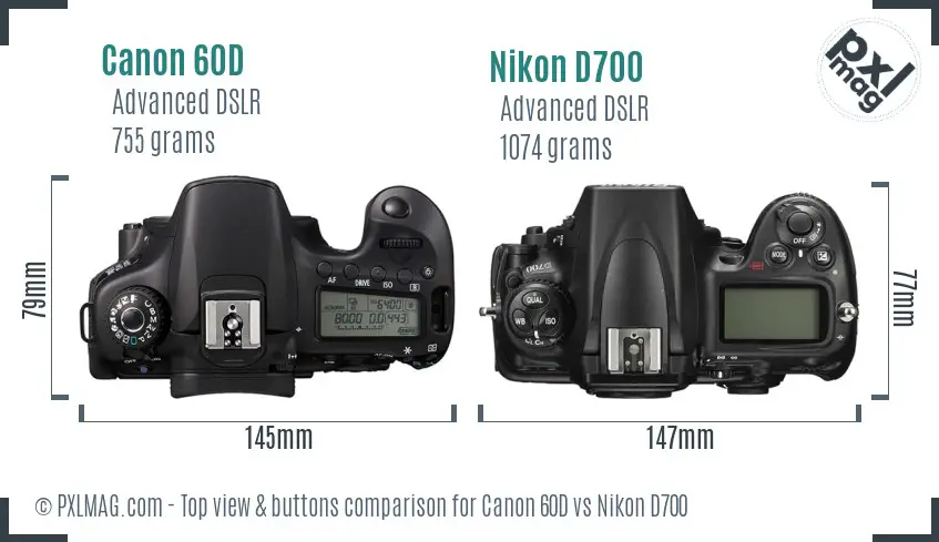 Canon 60D vs Nikon D700 top view buttons comparison