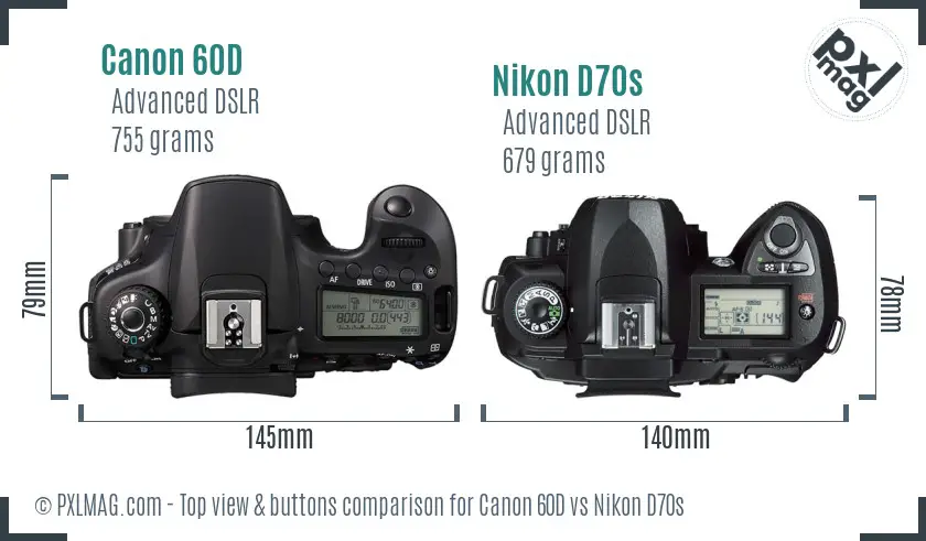 Canon 60D vs Nikon D70s top view buttons comparison