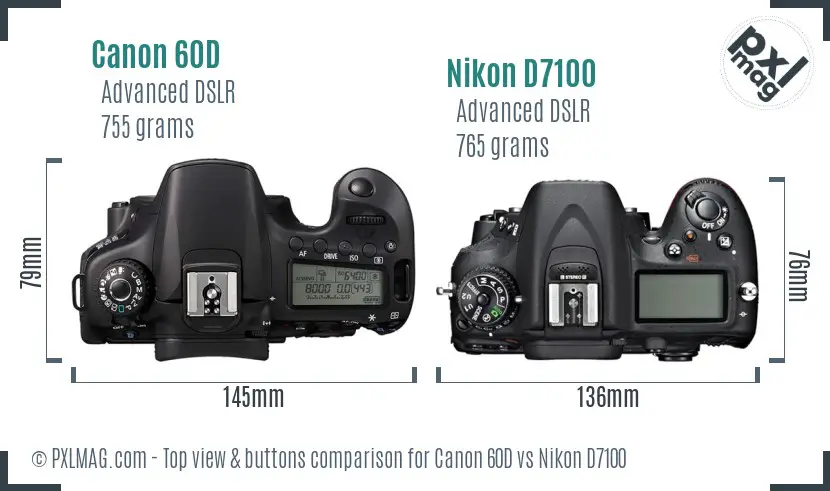 Canon 60D vs Nikon D7100 top view buttons comparison