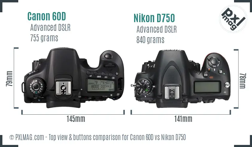 Canon 60D vs Nikon D750 top view buttons comparison