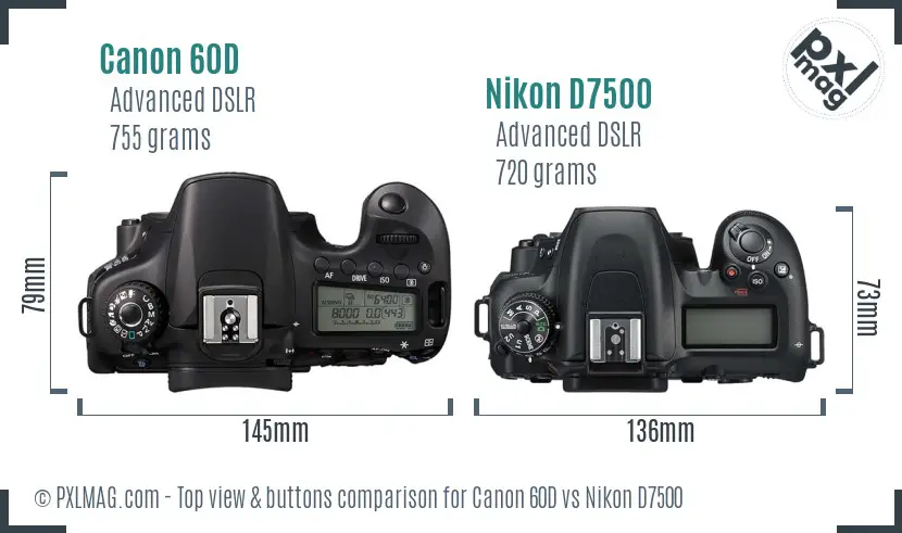 Canon 60D vs Nikon D7500 top view buttons comparison