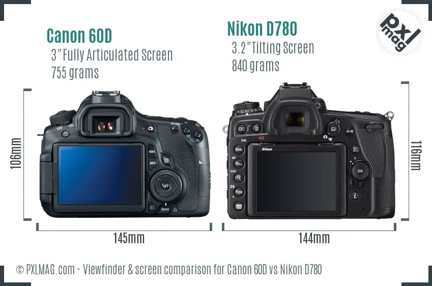 Canon 60D vs Nikon D780 Screen and Viewfinder comparison