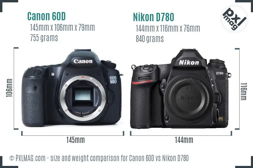 Canon 60D vs Nikon D780 size comparison