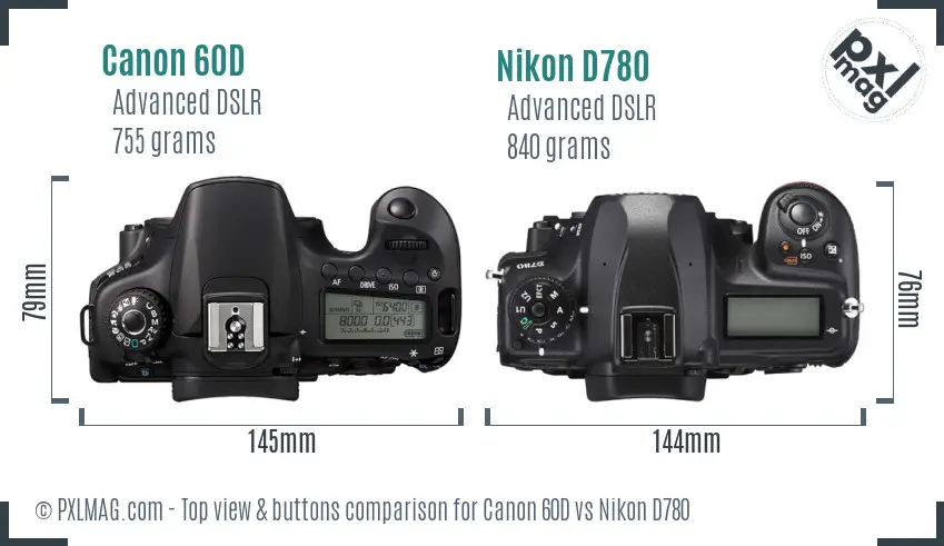 Canon 60D vs Nikon D780 top view buttons comparison
