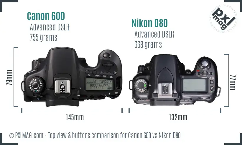 Canon 60D vs Nikon D80 top view buttons comparison
