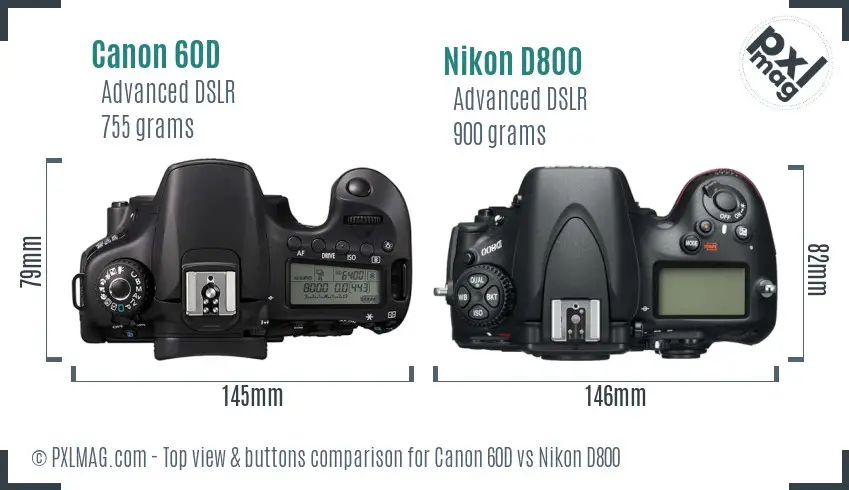 Canon 60D vs Nikon D800 top view buttons comparison