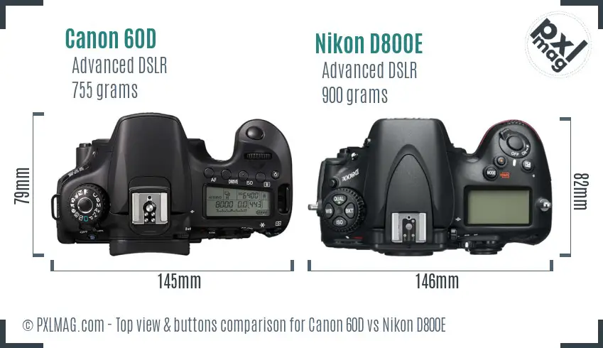 Canon 60D vs Nikon D800E top view buttons comparison