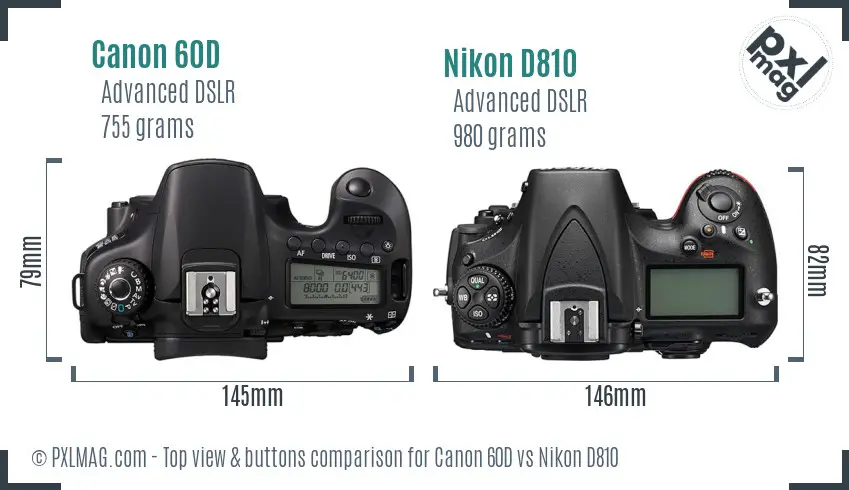 Canon 60D vs Nikon D810 top view buttons comparison