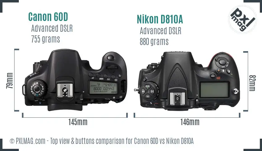 Canon 60D vs Nikon D810A top view buttons comparison