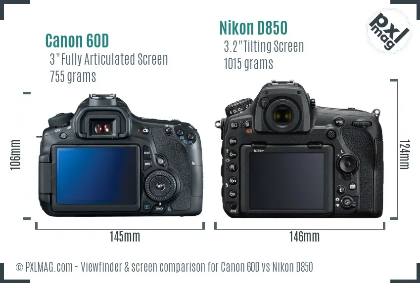 Canon 60D vs Nikon D850 Screen and Viewfinder comparison