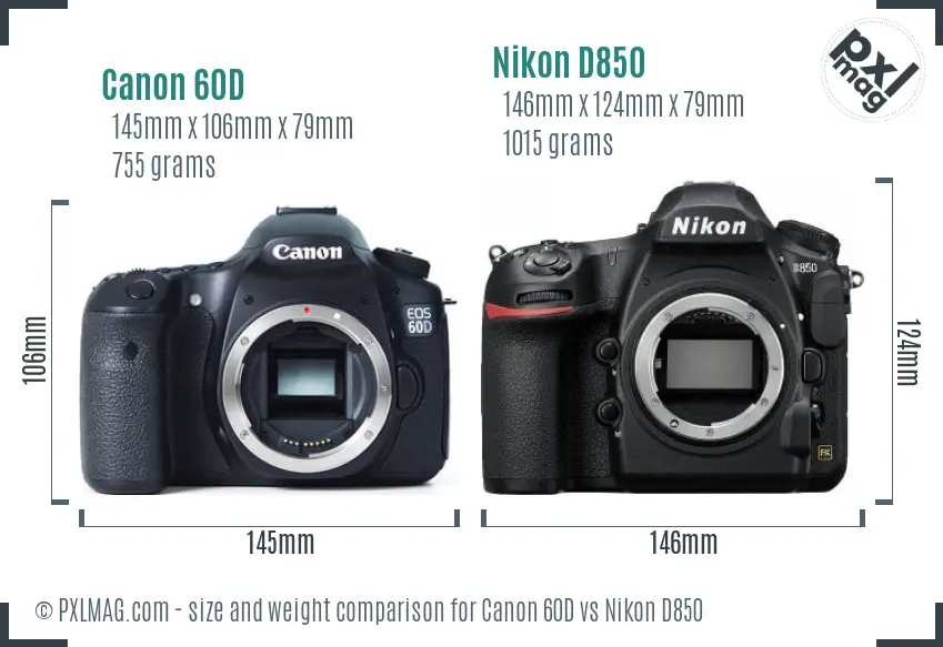 Canon 60D vs Nikon D850 size comparison
