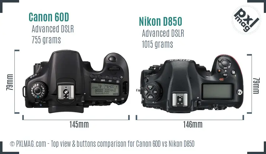 Canon 60D vs Nikon D850 top view buttons comparison