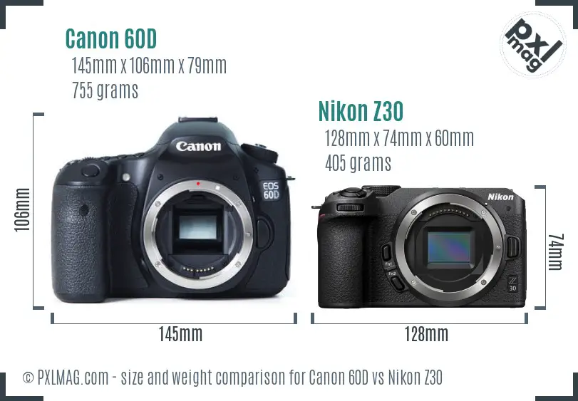 Canon 60D vs Nikon Z30 size comparison Canon 60D vs Nikon Z30 size comparison