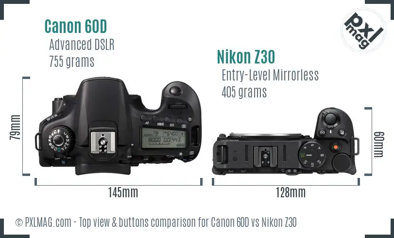 Canon 60D vs Nikon Z30 top view buttons comparison Canon 60D vs Nikon Z30 top view buttons comparison