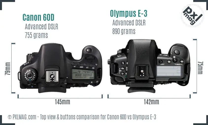 Canon 60D vs Olympus E-3 top view buttons comparison