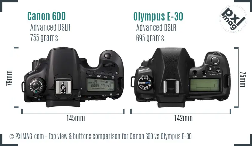 Canon 60D vs Olympus E-30 top view buttons comparison