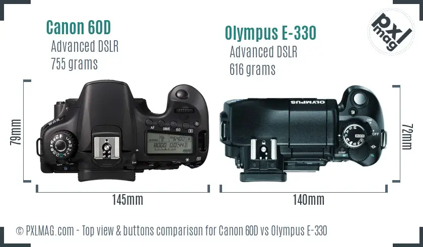 Canon 60D vs Olympus E-330 top view buttons comparison
