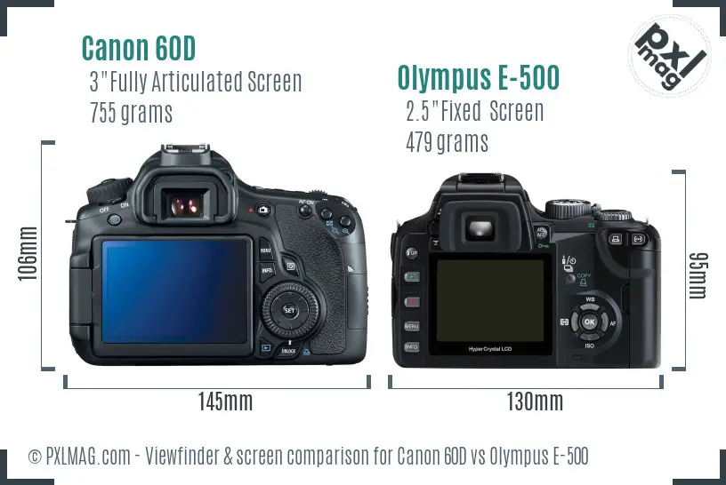 Canon 60D vs Olympus E-500 Screen and Viewfinder comparison