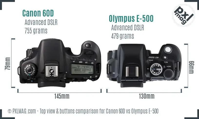 Canon 60D vs Olympus E-500 top view buttons comparison