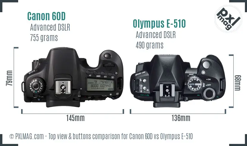 Canon 60D vs Olympus E-510 top view buttons comparison