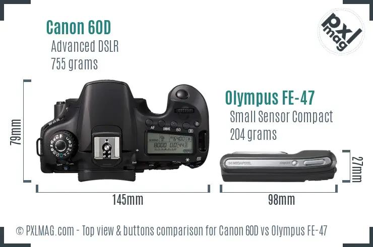 Canon 60D vs Olympus FE-47 top view buttons comparison